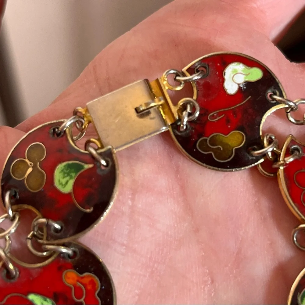 Vintage 60 70 Bohemian Red Enameled Double link made in Taiwan Mod MCM Bracelet - Picture 7 of 16